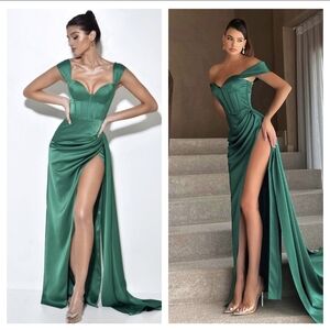Miss Circle Zayda Green High Slit Corset Satin Gown Emerald Green Size Small